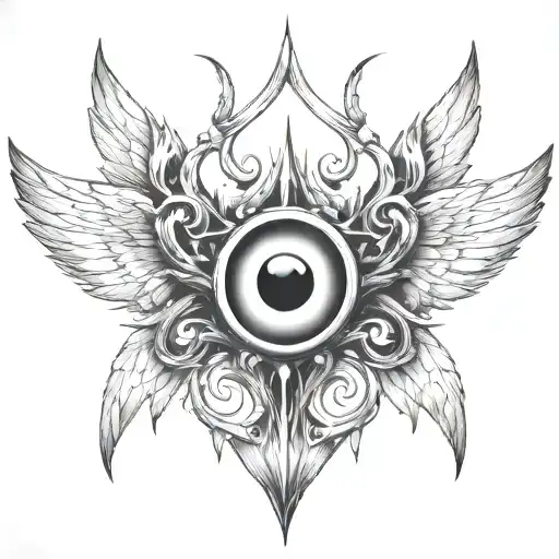 seraphim, 6 large burnt wings, demon eye in the centre, gothic, angry tattoo design idea