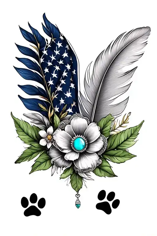 feathers, american flag, green leaves, one brooch turquoise jewelry, flowers, with 2 small dog prints tattoo design idea