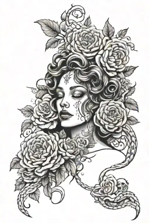 Crying Medusa  snakes surrounded by roses, black dahlias,peonies,sunflowers,and small skulls tattoo design idea