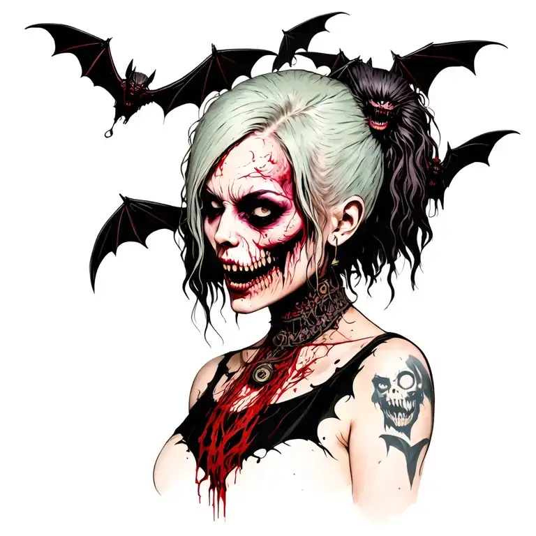 punk woman with gang of bats tattoo design idea