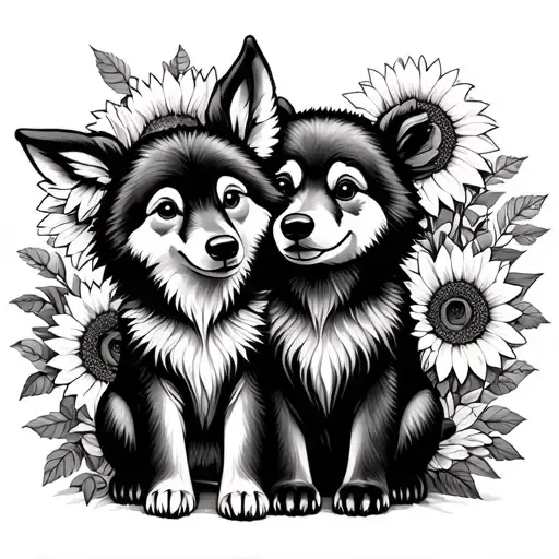  cute baby wolf and bear sitting with sunflowers and roses. black tattoo design idea
