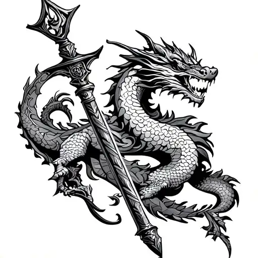 flail weapon and dragon black work tattoo tattoo design idea