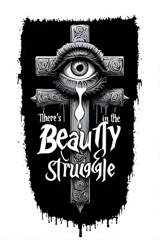 3 religious cross with a eye and tear with the words there's beauty in the struggle tattoo design idea