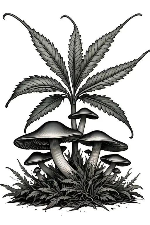 shrooms growing under a large weed plant tattoo design idea