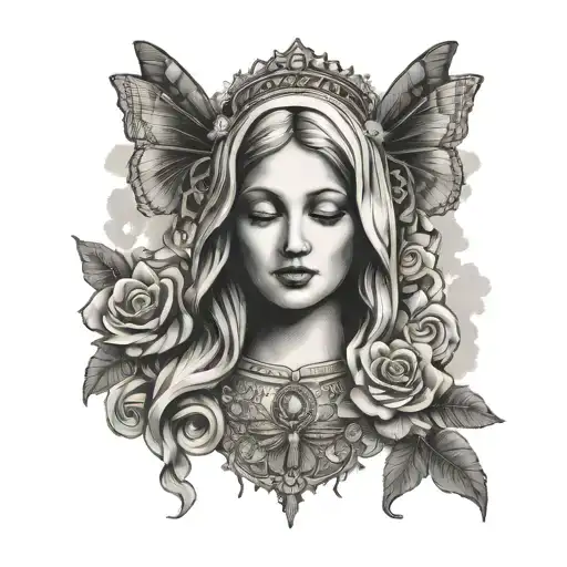virgin mary, rock n roll, lace, curler hairstyle, butterfly, cloud tattoo design idea