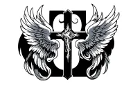 tramp stamp cross with angel winds surrounding it tattoo design idea