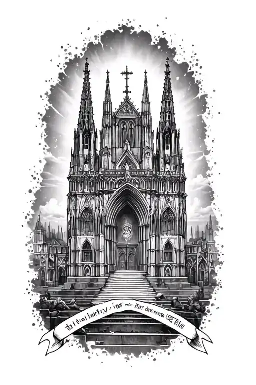 Cathedral architecture, spires, arches, buttresses, columns, etc, surrounding a central portrait on the bicep tattoo design idea
