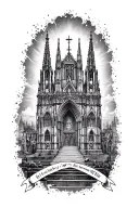 Cathedral architecture, spires, arches, buttresses, columns, etc, surrounding a central portrait on the bicep tattoo design idea