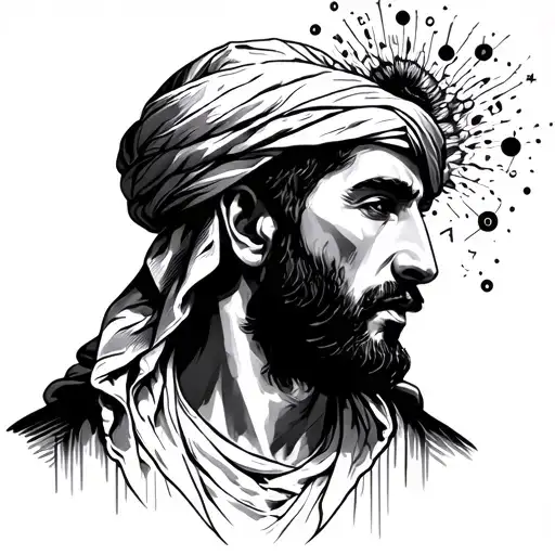 An Arab person comes out of his head symbols and laws of physics H Bar, wavelength, and more physical laws of light tattoo design idea