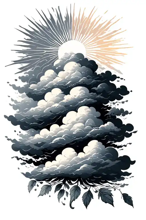 clouds with grey work with a ray of sun and natural patterns such as leafs tattoo design idea