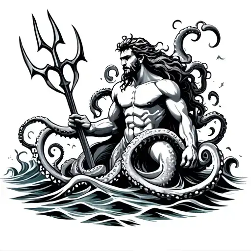 poseidon with trident and octopus legs on waves a little bit angry tattoo design idea