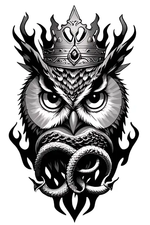 owl face with crown, snakes and flames tattoo design idea