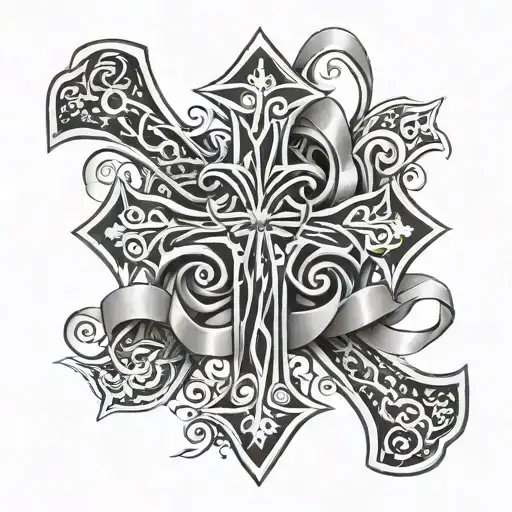 Tribal cross with ribbons wrapping around the cross. Placing the following in the ribbons "1953/12/05" "DAD" "2022/07/30 tattoo design idea