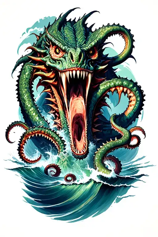 sea monsters fight with kraken emerging tattoo design idea