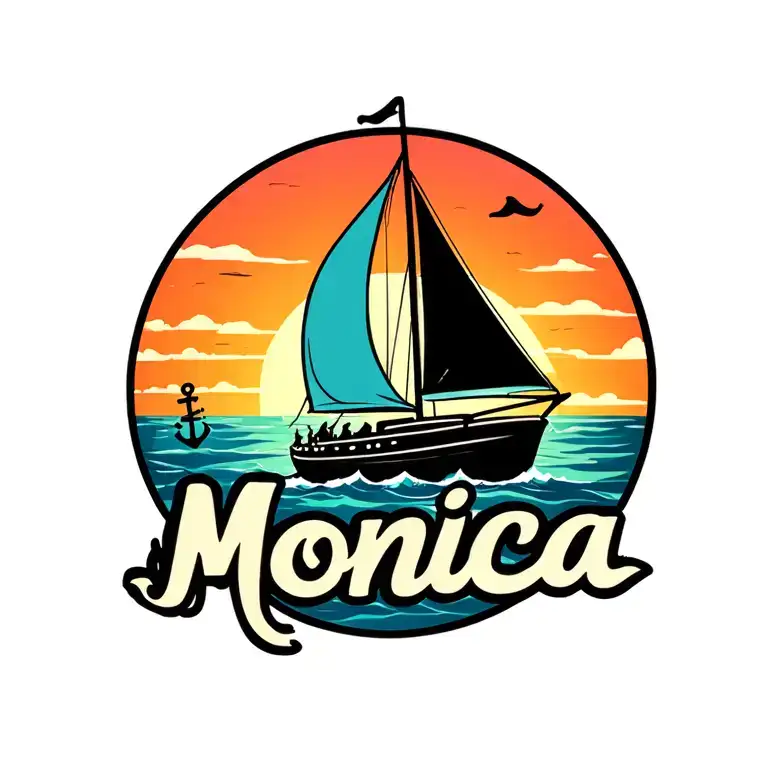 "Monica" sailboat with sunset background and anchor connected tattoo design idea