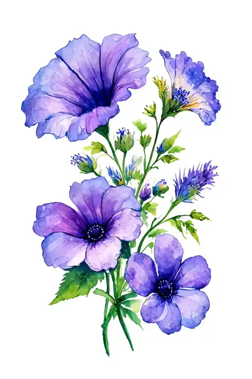 Aster and morning glory and primrose and violet flowers  tattoo design idea