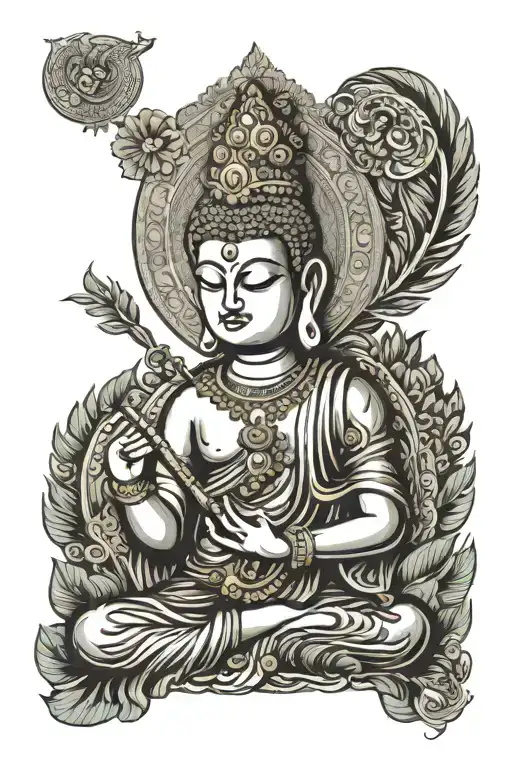 Gautam Buddha Playing Bansuri with Peacock Feather on Head like Krishna tattoo design idea