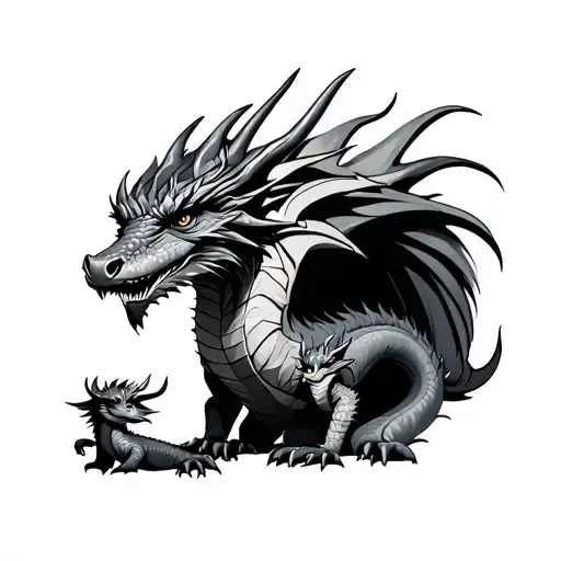 father and mother dragon with baby dragon and brother ox tattoo design idea