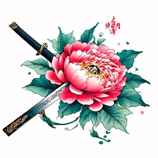 Japanese saber and peony. Light and fine lines tattoo design idea