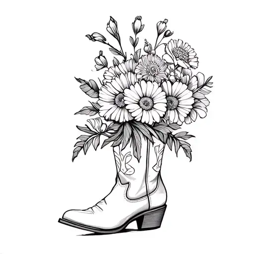fine line black and white tattoo flower bouquet with snapdragon, carnation, and aster inside a cowboy boot  tattoo design idea