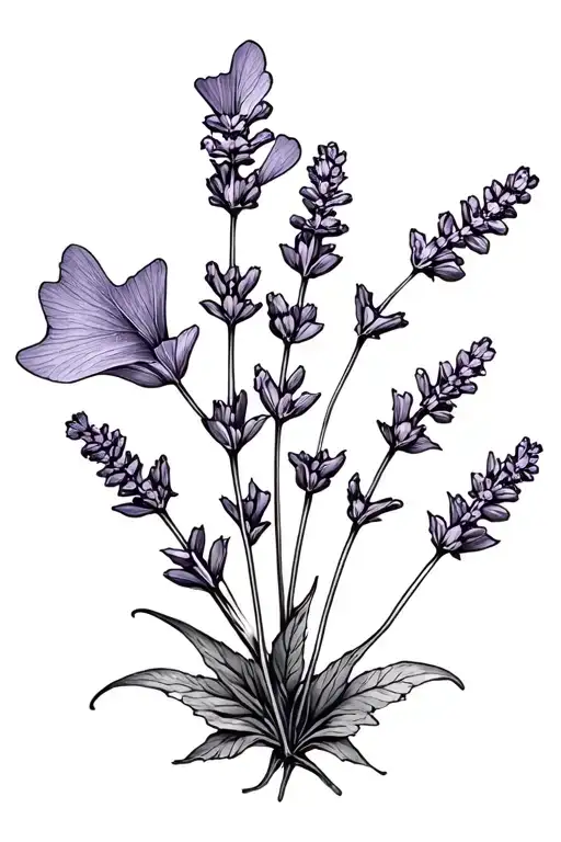 lavender plant with a gingko leaf behind it in black no color tattoo design idea