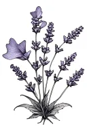 lavender plant with a gingko leaf behind it in black no color tattoo design idea