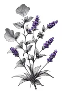 lavender plant with a gingko leaf behind it in black no color tattoo design idea