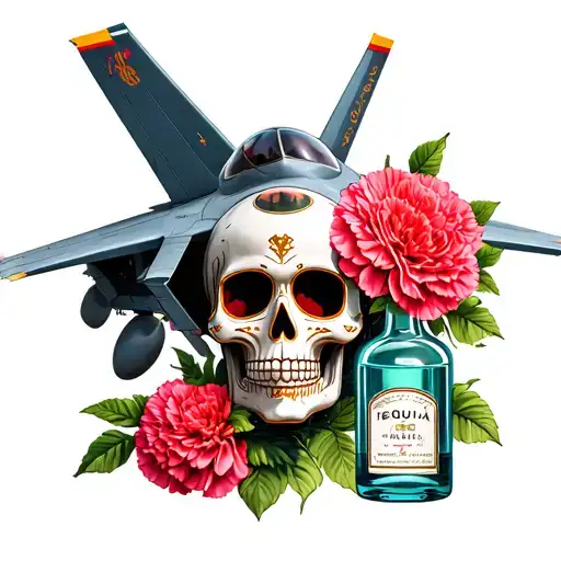 sugar skull with carnation flower and tequila bottle f-14 fighter jey tattoo design idea
