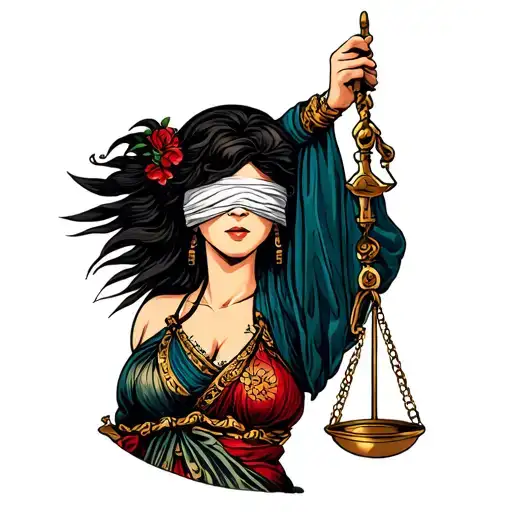 "Judgement" blindfolded Lady Justice holding scales tattoo design idea