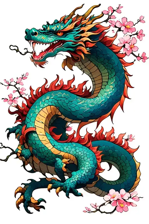 sakura tree growing dragon wrapped tattoo design idea