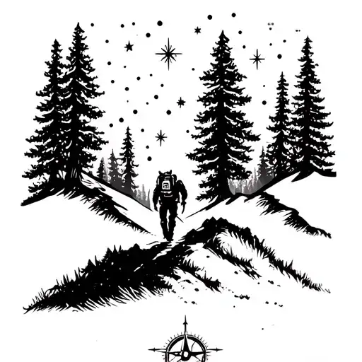 A silhouette of a hiker trekking up a mountain trail, with a compass in hand, surrounded by pine trees and a starry sky tattoo design idea