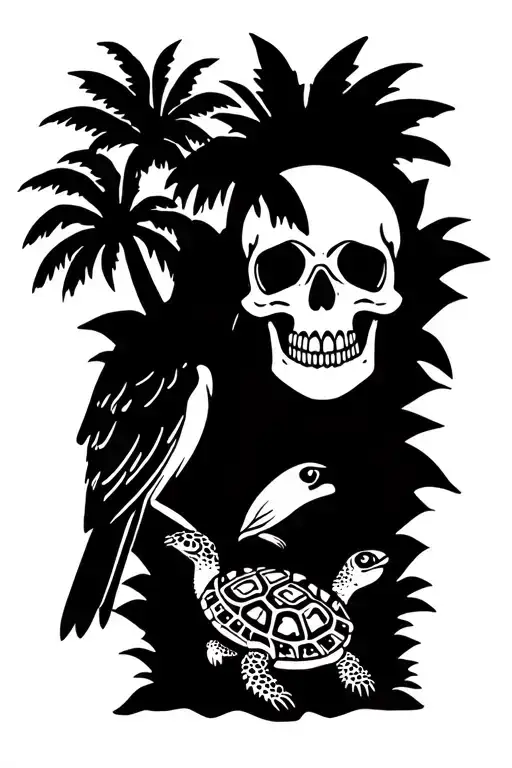tropical cuban bird and palm trees and turtle and skull tattoo design idea
