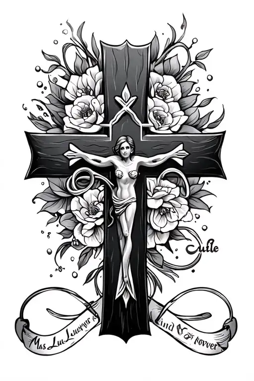 Cross tattoo with Ms. Lucille and Granny also with an infinity sign that says always and forever in it, no people  tattoo design idea