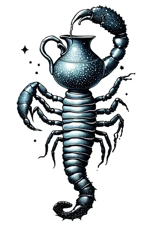 Aquarius with jug pouring constelation avec le scorpion tattoo design idea