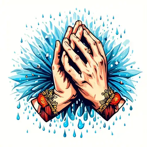 Hands praying in the rain tattoo design idea