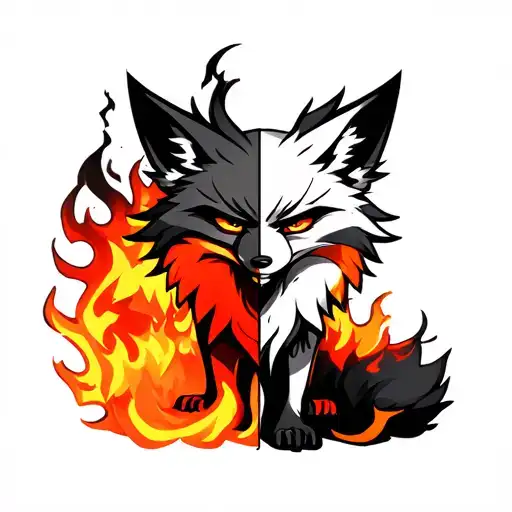 female fox half on fire half cold standing still with half angry face with 9 tails tattoo design idea