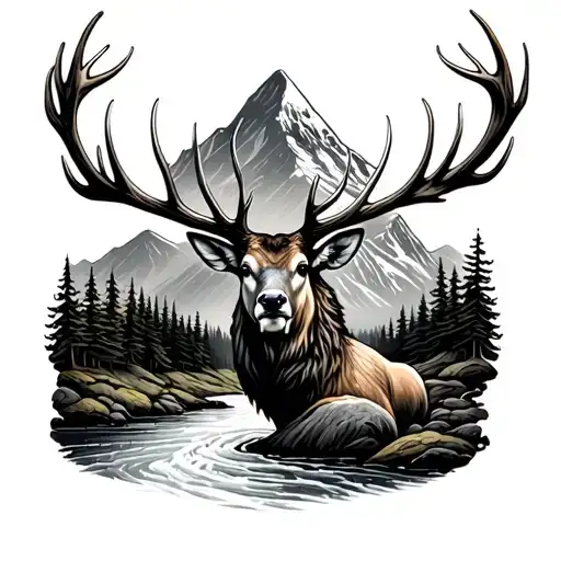 Scottish stag forrest mountain and river tattoo design idea