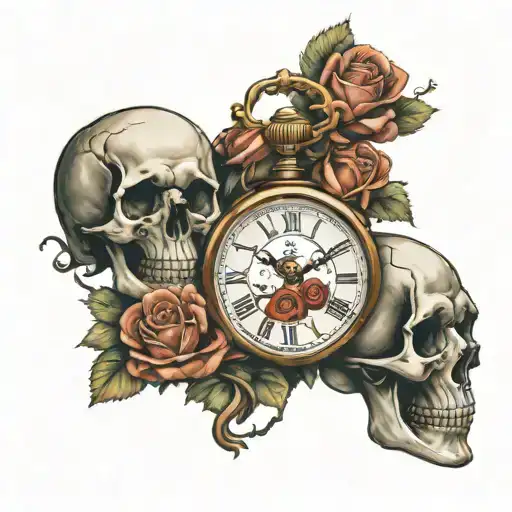 a clock and heart and skull with roses tattoo design idea