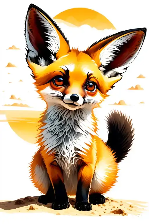 A playful fennec fox in a sunlit desert, glowing sand and big sky. Bold digital style, warm tones, energetic and golden. tattoo design idea