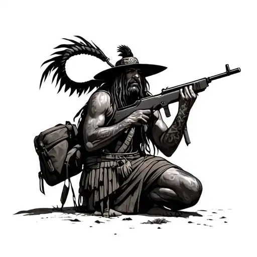 desert shaman with medbag and rifle leaning tattoo design idea