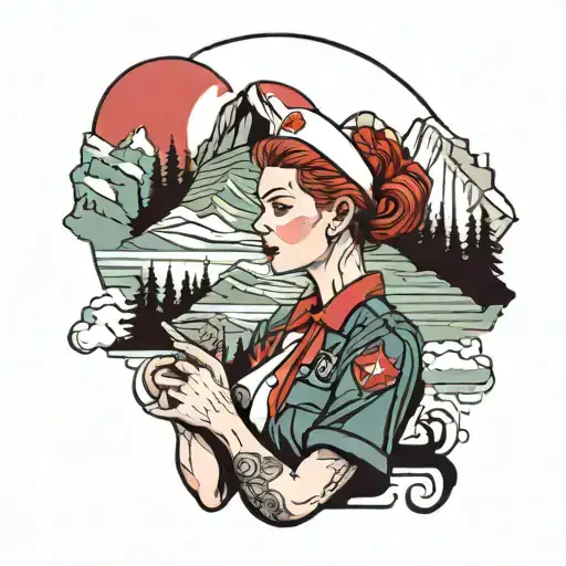 red head nurse rn infront of mountain tattoo design idea