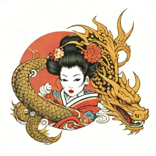 geisha and dragon wrapping tattoo design idea