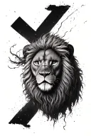 lion with scar on left eye in the shape of a cross. wind blowing across  tattoo design idea