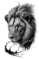 lion with scar on left eye in the shape of a cross. wind blowing across  tattoo design idea