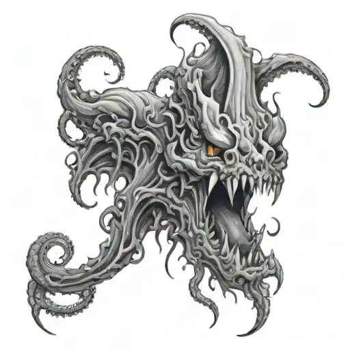 A monstrous creature with tentacles and fangs emerging from a swirling vortex, embodying the destructive power of death metal music tattoo design idea
