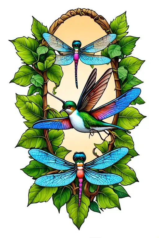 Leaf vine wrapping around with dragonfly and hummingbird  tattoo design idea