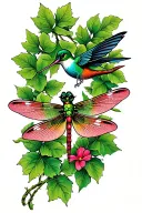 Leaf vine wrapping around with dragonfly and hummingbird  tattoo design idea
