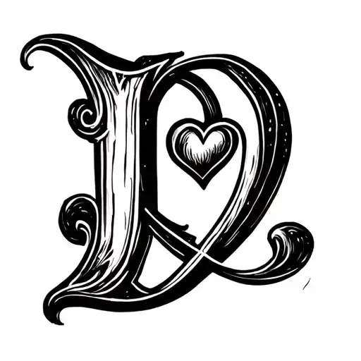 the letter d in black ink pretty cursive with heart  tattoo design idea