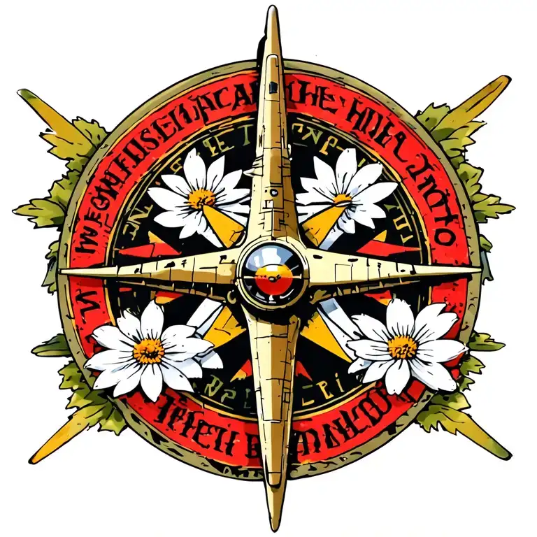 World War Two fighter plane, compass rose, edelweiss flower tattoo design idea