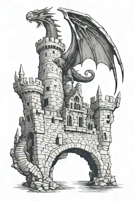 wyvern behind floating ruined castle, dark fantasy tattoo design idea